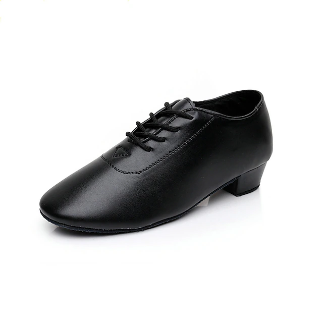 Black Faux Leather Ballroom Dance Shoes for Boys - Lace-Up Latin, Tango, Salsa, and Cha-Cha Dance Shoes with Thick Heel and Suede Sole 6