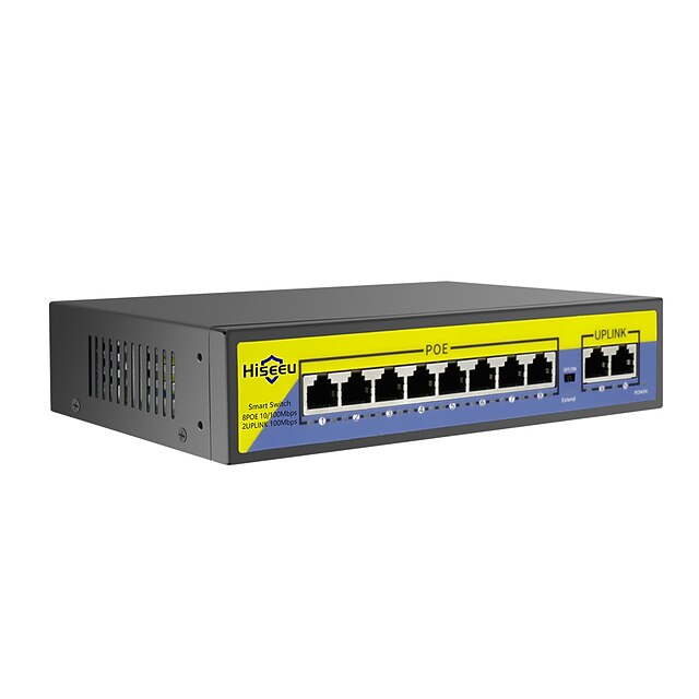  hiseeu 48v 8 portar poe-switch med Ethernet 10/100 Mbps ieee 802.3 af / at för ip kamera / cctv säkerhetskamerasystem / trådlöst ap ft