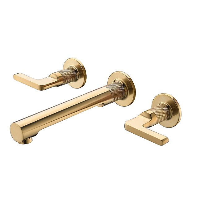  Bathroom Sink Faucet - Wall Mount / Widespread Brushed Gold Wall Mounted Two Handles Three HolesBath Taps / Brass