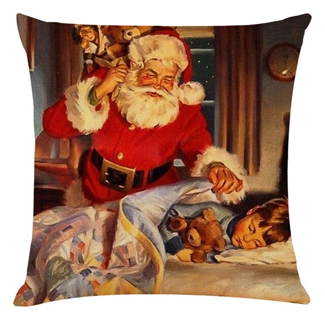 Home & Garden Home Decor | Set of 4 Retro Santa Square Decorative Throw Pillow Cases Faux Linen Sofa Cushion Covers 18x18 - LU70