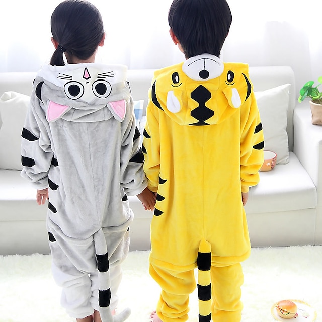 Toys & Hobbies Cosplay & Costumes | Kids Kigurumi Pajamas Cat Tiger Onesie Pajamas Flannelette Yellow / Gray Cosplay For Boys an