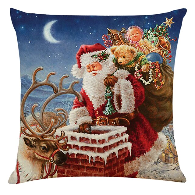 Home & Garden Home Decor | Set of 4 Retro Santa Square Decorative Throw Pillow Cases Faux Linen Sofa Cushion Covers 18x18 - LU70