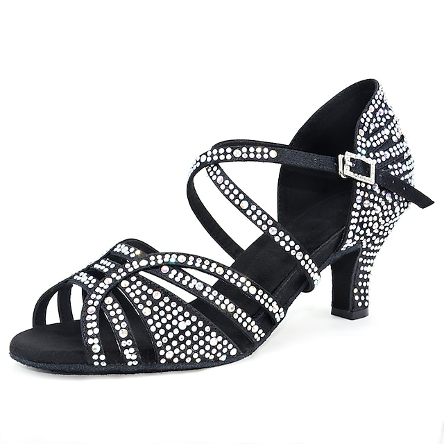  Women's Latin Shoes Heel Cuban Heel Satin Rhinestone Sparkling Glitter Crystal / Rhinestone Dark Red / Black / Performance / Practice