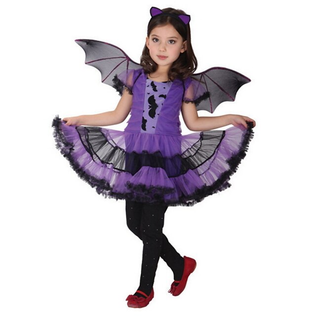 Kids Girls' Active Geometric Halloween Print Short Sleeve Above Knee Dress Purple
