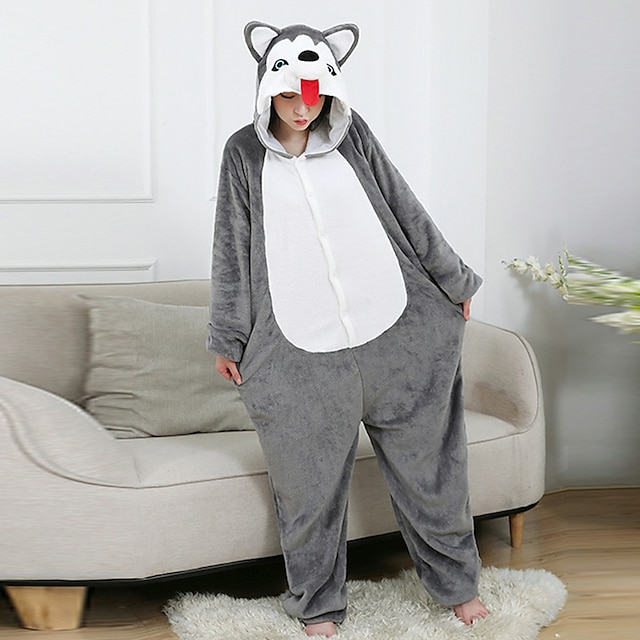  Adults' Kigurumi Pajamas Husky Animal Onesie Pajamas Flannelette Cosplay For Men and Women Halloween Animal Sleepwear Cartoon