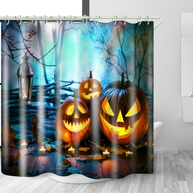 Waterproof Fabric Forest Street Light Pumpkin Shower Curtain Halloween Bathroom