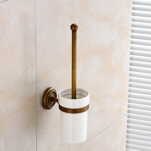  escobilla de inodoro con soporte, escobilla de inodoro pintada de goma montada en la pared de latón antiguo y soporte para baño