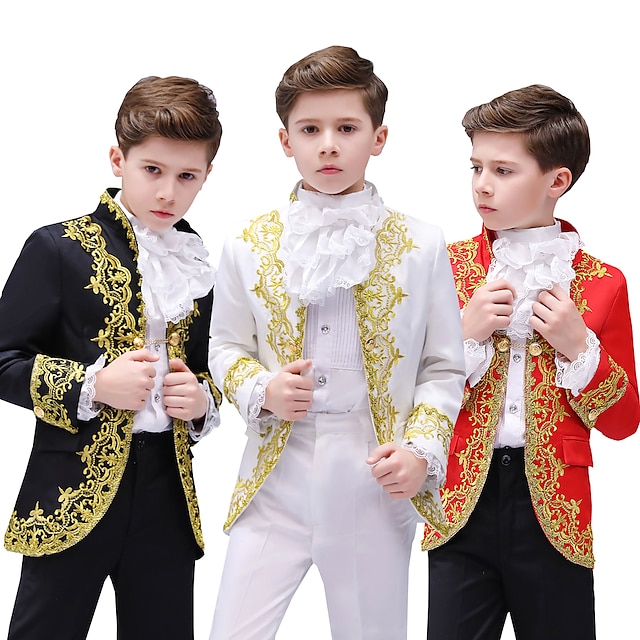  Prince Aristocrat Retro Vintage Medieval Coat Pants Outfits Masquerade Outerwear Boys Kid's Costume Hat Vintage Cosplay Party Long Sleeve Pantsuit Coat World Book Day Costumes