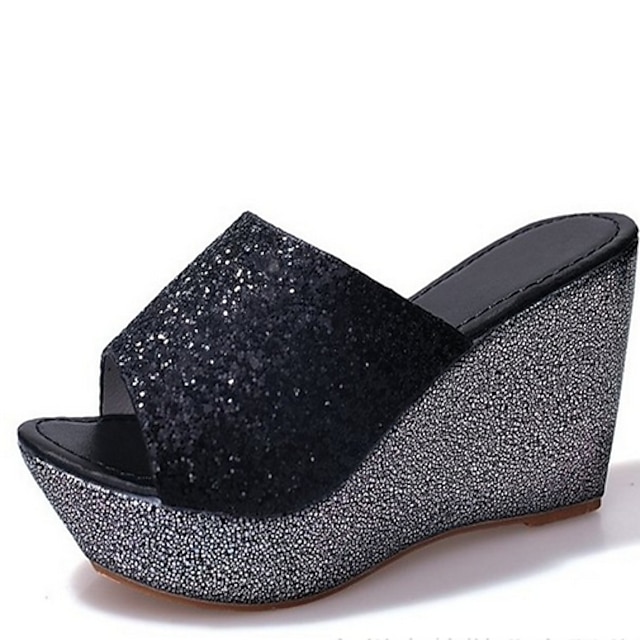  Women's Sandals Clogs & Mules Wedge Sandals Glitter Crystal Sequined Jeweled Daily Solid Colored Summer Wedge Heel Open Toe Basic Casual Minimalism Linen Loafer Silver Black Gold