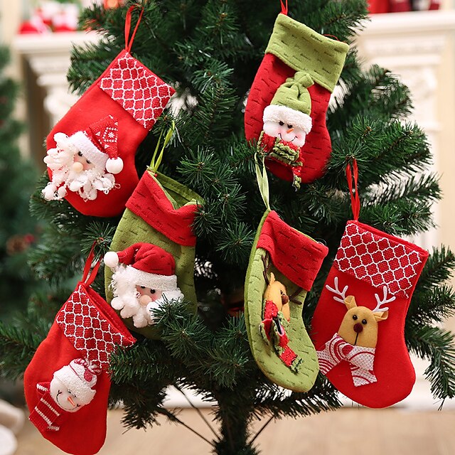  Santa Stocking Sock Candy Bags Christmas Tree Ornamets Pendants  Gift Bag For Children Fireplace Hanging Decor Party Supply-6Pcs