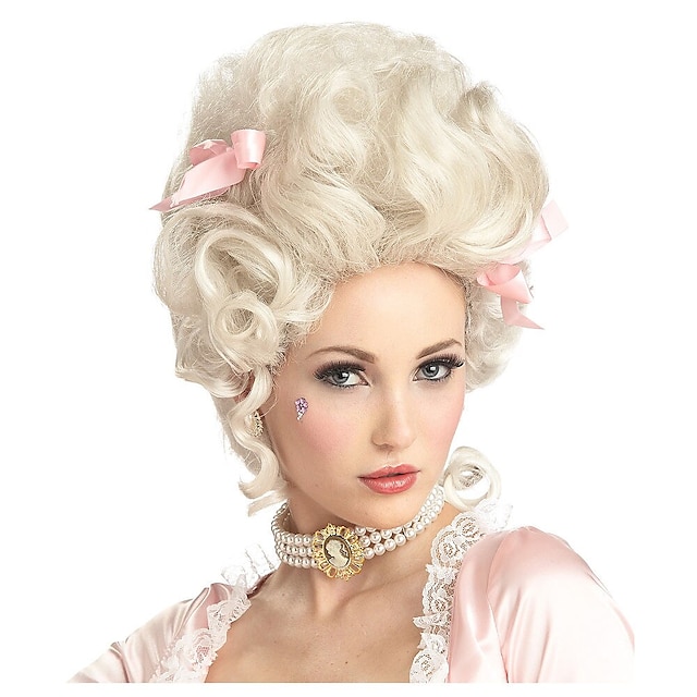  blonde perruques pour femmes accessoires cosplay perruque bouclés marie antoinette coupe de cheveux en couches perruque longueur moyenne platine blonde synthétique cheveux 14 pouces femmes de mariage