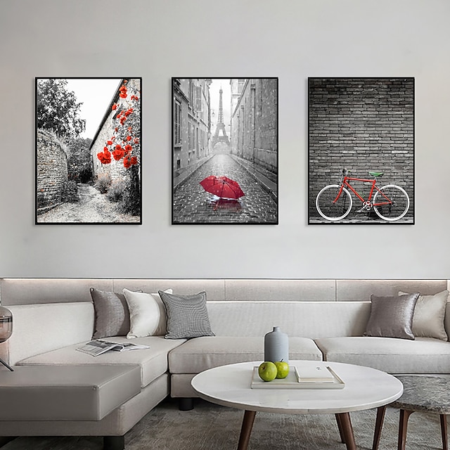  3 Panel Wall Art Canvas Prints Painting Artwork Picture Black White Eiffel Tower Umbrella Home Decoration Décor Stretched Frame Ready to Hang