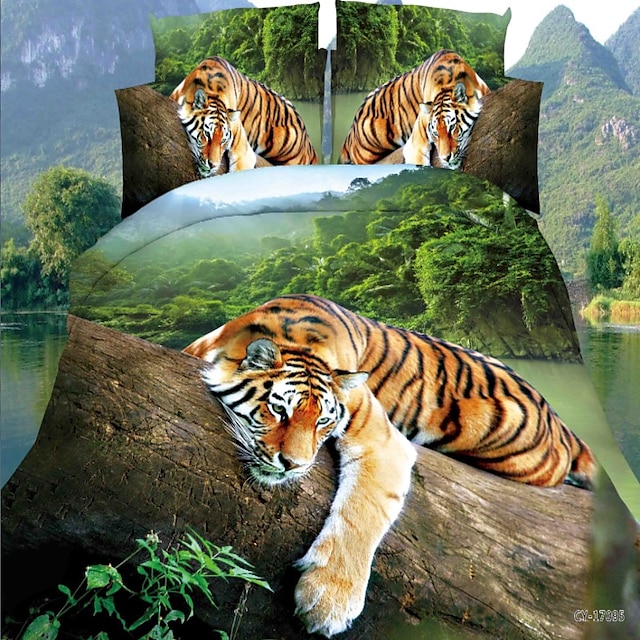  3D Tiger Print Duvet Cover Bedding Sets Comforter Cover with 1 Duvet Cover or Coverlet，1Sheet，2 Pillowcases for Double/Queen/King(1 Pillowcase for Twin/Single)