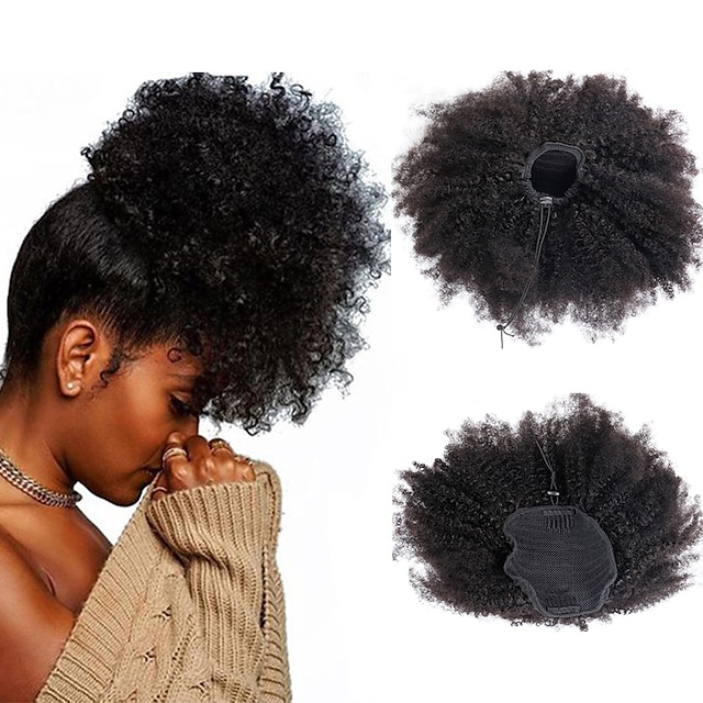  Brazilian Afro Kinky Curly Drawstring Ponytail Extensions 1B Remy 10-22 inch Long Clip In Ponytail Human Hair Extension