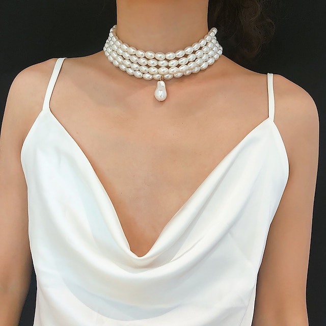  Women's Pearl Pendant Necklace Necklace Elegant Fashion Trendy Bridal Imitation Pearl White Oval Pearl 32 cm Necklace Jewelry 1pc For Wedding Gift Daily Holiday Festival / Layered Necklace