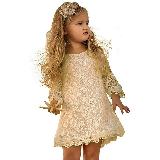  Girls' 3/4 Length Sleeve Floral Solid Colored 3D Printed Graphic Dresses Sweet Above Knee Polyester Dress Kids Toddler Regular Fit Lace