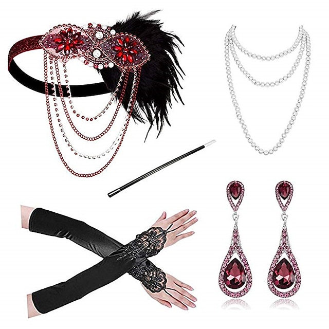 Elegant Vintage 1920s The Great Gatsby Ball Gown Gloves Necklace Flapper Headband Accessories Set Headbands Necklace Earrings The Great Gatsby Women's Feather Beads New Year Festival Gloves All