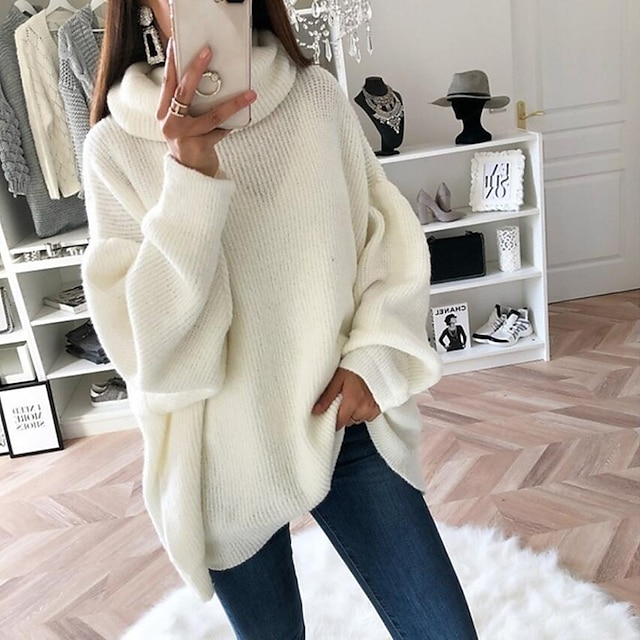  Dam Pullover tröja Grundläggande Ledigt Ensfärgat Ribbad Polokrage Drop Shoulder Långärmad Tunika Sticka Dagligen Helgdag Svart Vit Höst Vinter