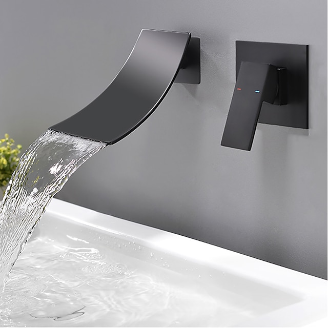  Wall Mount Bathroom Sink Mixer Faucet Matte Black, Concealed Washroom Basin Taps Waterfall Spout Single Handle 2 Hole,  Rough in Valve Mixer Bathtub Taps