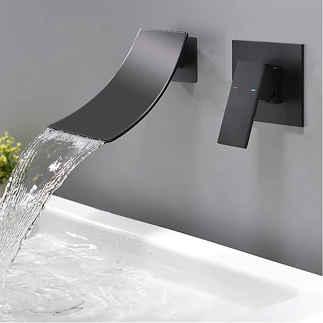 Wall Mount Bathroom Sink Mixer Faucet Matte Black, Concealed Washroom Basin Taps Waterfall Spout Single Handle 2 Hole, Rough in Valve Mixer Bathtub Taps 11