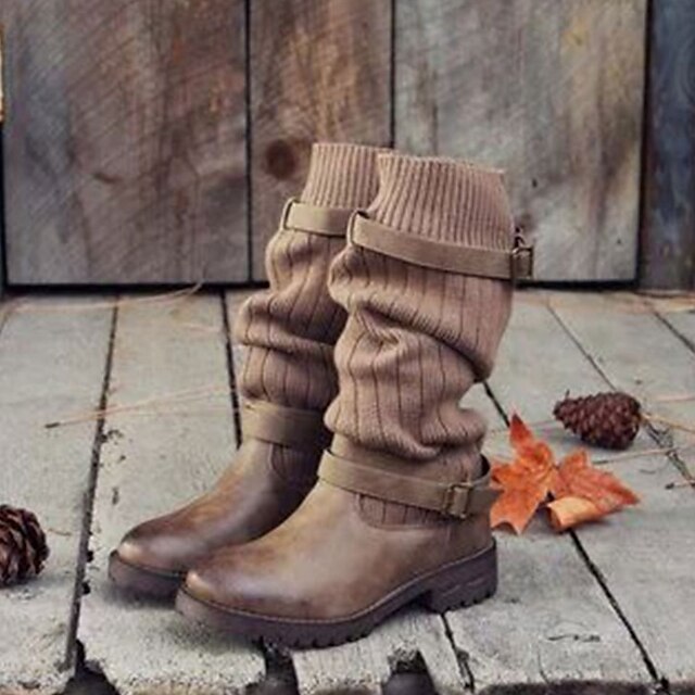  Pentru femei Cizme Sock Boots Pantofi de confort Cizme Cowboy  Toc Drept Vârf rotund Ghete până la genunchi Cizme la mijlocul gambei Epocă Zilnic PU Cataramă Mată Gri Kaki Negru / Cizme Medii