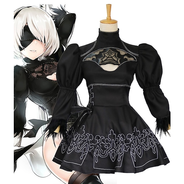  Inspirado por NieR: autômatos 2B Anime Trajes de cosplay Japanês Trajes de cosplay Rendas Manga Longa Saia Meias Finas Fita de Cabelo Para Mulheres / Máscara Para Olhos / Máscara Para Olhos