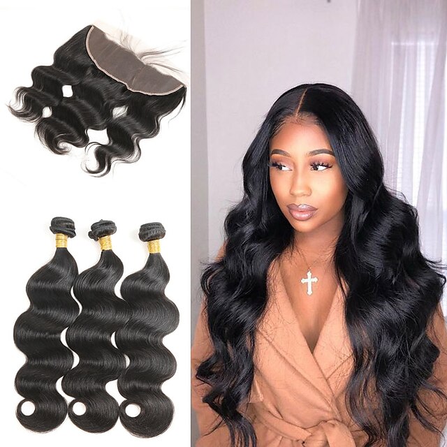  3 Bundles with Closure Brazilian Hair Body Wave Remy Human Hair 340 g Human Hair Extensions Hair Weft with Closure 10-26 inch Natural Human Hair Weaves Soft Best Quality New Arrival Human Hair