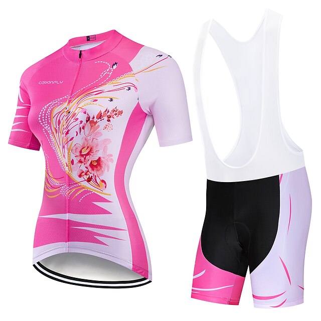  CAWANFLY Women's Short Sleeve Cycling Jersey with Bib Shorts Pink Floral Botanical Bike Clothing Suit 3D Pad Quick Dry Winter Sports Spandex Lycra Floral Botanical Mountain Bike MTB Road Bike Cycling