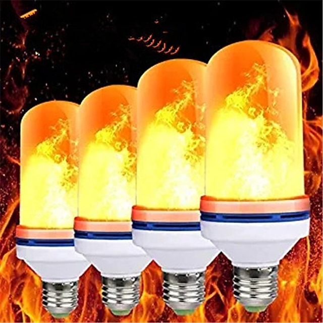  4pcs e27 bombillas de luz de llama led 99 leds parpadeantes lámpara de llama bombilla efecto de llama lámparas de fuego emulación decoración de vacaciones regalo de fiesta de halloween ac85-265v