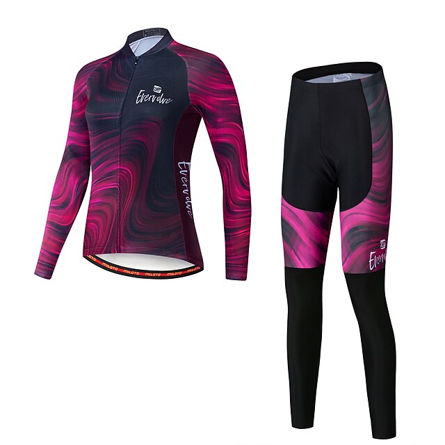  EVERVOLVE Women's Long Sleeve Cycling Jersey with Tights Winter Lycra Burgundy Gradient Bike Clothing Suit Quick Dry Moisture Wicking Breathable Back Pocket Sweat wicking Sports Patterned Mountain