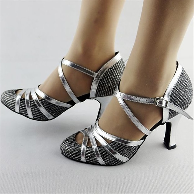  Women's Ballroom Dance Shoes Modern Shoes Performance Heel Glitter Splicing Thick Heel Ankle Strap Silver