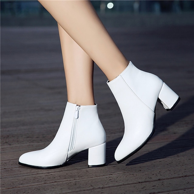  Women's Boots Block Heel Boots Party & Evening Solid Colored Booties Ankle Boots Chunky Heel Pointed Toe Minimalism PU Zipper Black White Brown