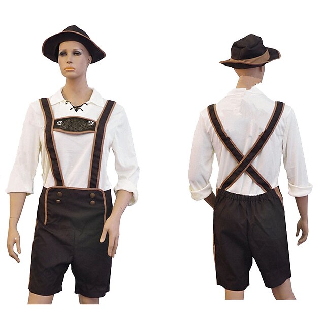  Halloween Oktoberfest Beer Lederhosen Men's Top Pants Hat Bavarian Costume Brown