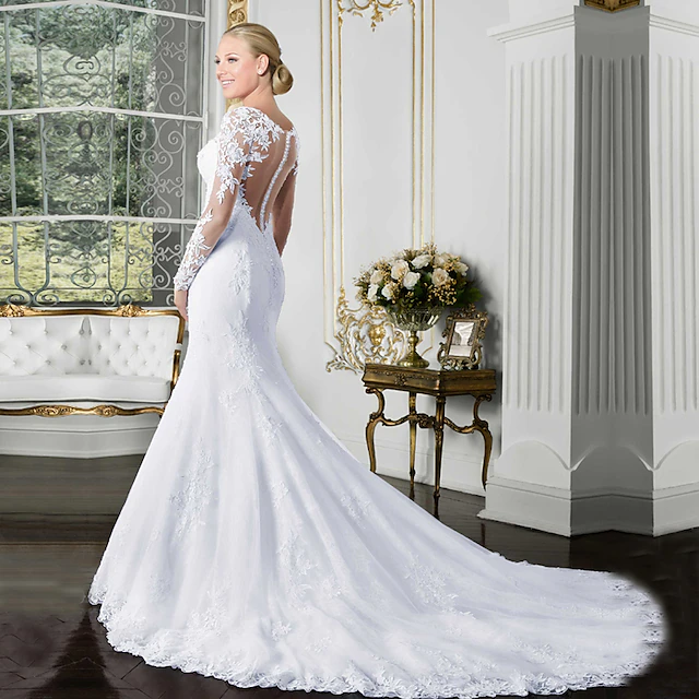 Open Back Sexy Formal Wedding Dresses Mermaid Illusion Neck Long Sleeve Chapel Train Lace Bridal Gowns With Lace Appliques 5