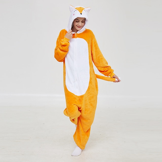 Toys & Hobbies Cosplay & Costumes | Adults Kigurumi Pajamas Fox Onesie Pajamas Flannel Fabric Orange Cosplay For Men and Women A