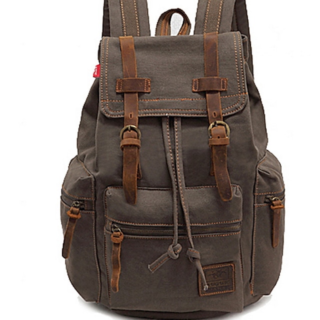  Herren-Vintage-Canvas-Rucksack mit Lederriemen und Kordelzugverschluss – robuster Reiserucksack zum Wandern, für die Schule oder den täglichen Gebrauch