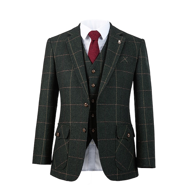  Custom Suit Wedding Special Occasion Event Party Notch Forest Green Windownpane Tweed Wool