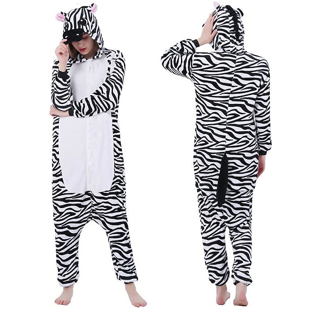  Adults' Kigurumi Pajamas Zebra Animal Onesie Pajamas Flannel Toison Black / White Cosplay For Men and Women Animal Sleepwear Cartoon Festival / Holiday Costumes