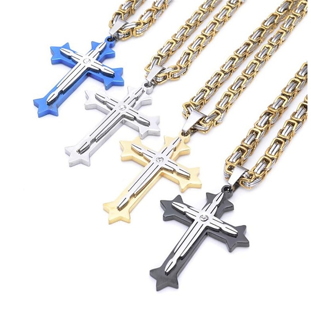  Pendant Necklace Long Necklace For Men's Party Street Gift Stainless Steel Titanium Steel Long Byzantine Cross Crucifix