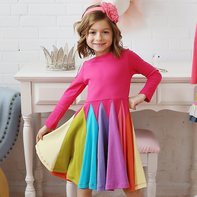 שמלת ילדים בנות צבע בלוק בענן קשת שרוול ארוך קז'ואל חמוד כותנה עד הברך סתיו חורף 3-6 שנים אפור