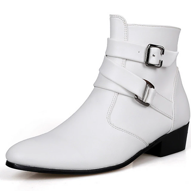 Men's White Buckle Ankle Boots - Sleek and Stylish Faux Leather Shoes for Formal Events, Parties, and Cosplay 9