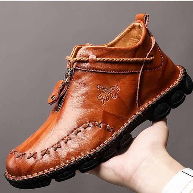  Men's Boots Plus Size Handmade Shoes Comfort Shoes Walking Casual Daily Leather Waterproof Handmade Booties / Ankle Boots Zipper Dark Brown Black Summer Winter