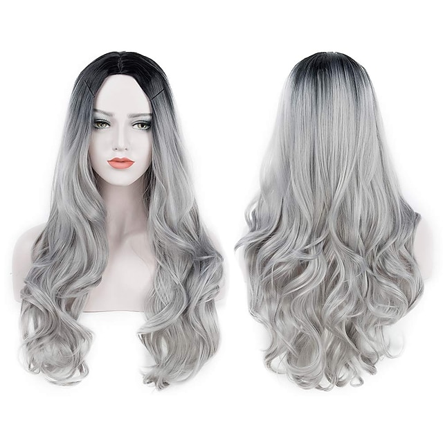  Synthetic Wig Body Wave Body Wave Wig Long Grey Synthetic Hair Women's Heat Resistant Dark Roots Natural Hairline Gray