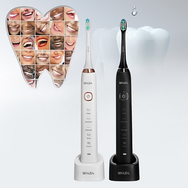  WAZA S1 Electronic Power Rechargeable Toothbrush 5 modes IPX7 Waterproof Wireless Inductive Charging for Family with 2 Sonic Care Replacement Heads