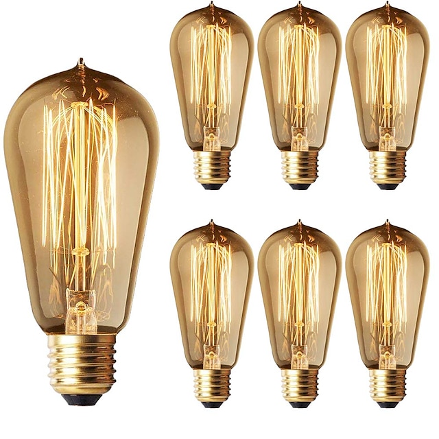  6-Pack 40W Edison Light Bulbs ST58 Filament Vintage Bulb Antique Style Incandescent Light Bulbs - E26/E27 Base - Clear Glass - Tear Drop Top Lamp for Chandeliers Wall Sconces Pendant Lighting