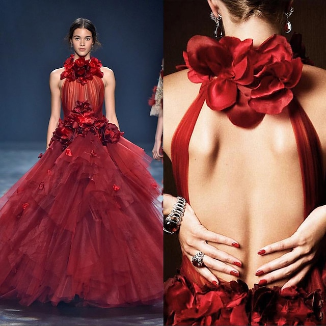  Ball Gown Floral Red Quinceanera Formal Evening Dress Halter Neck Sleeveless Floor Length Tulle with Tier Appliques 2020