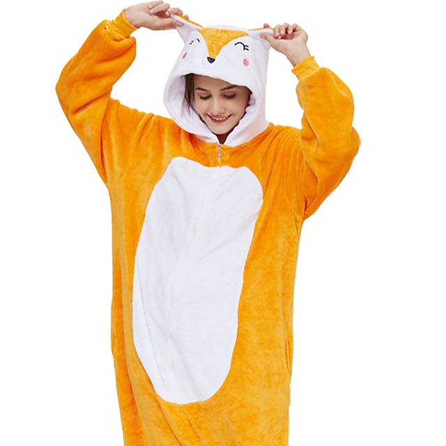  Voksne Kigurumi-pyjamas Ræv Farveblok Onesie-pyjamas Sjovt kostume Flannelstof Cosplay Til Damer og Herrer Halloween Nattøj Med Dyr Tegneserie