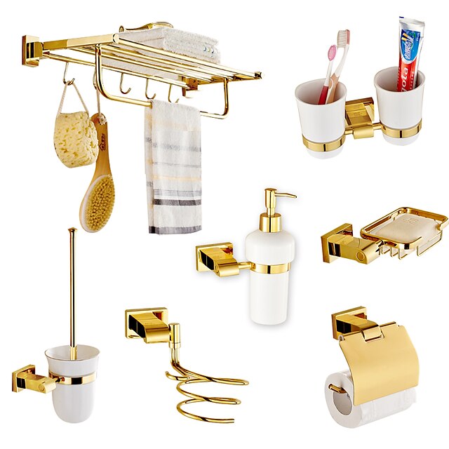 Home & Garden Bath Accessories | Multifunction Bathroom Accessory Set New Design Polished Brass Wall Mounted Golden 7pcs - XI100