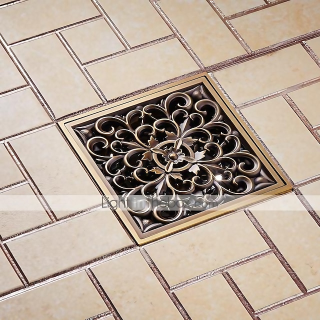  Dreno de piso de banheiro de latão de 10 cm, padrão de flor esculpida em arte, filtro de ralo de pia de chuveiro quadrado, tampa de ralo com tampa removível para casa de hotel