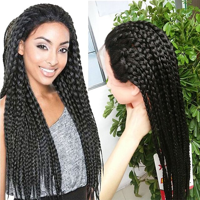  Synthetic Lace Front Wig Box Braids Straight Lace Front Wig Long Natural Black Synthetic Hair 20-32 inch Women's Heat Resistant Natural Hairline African American Wig Black